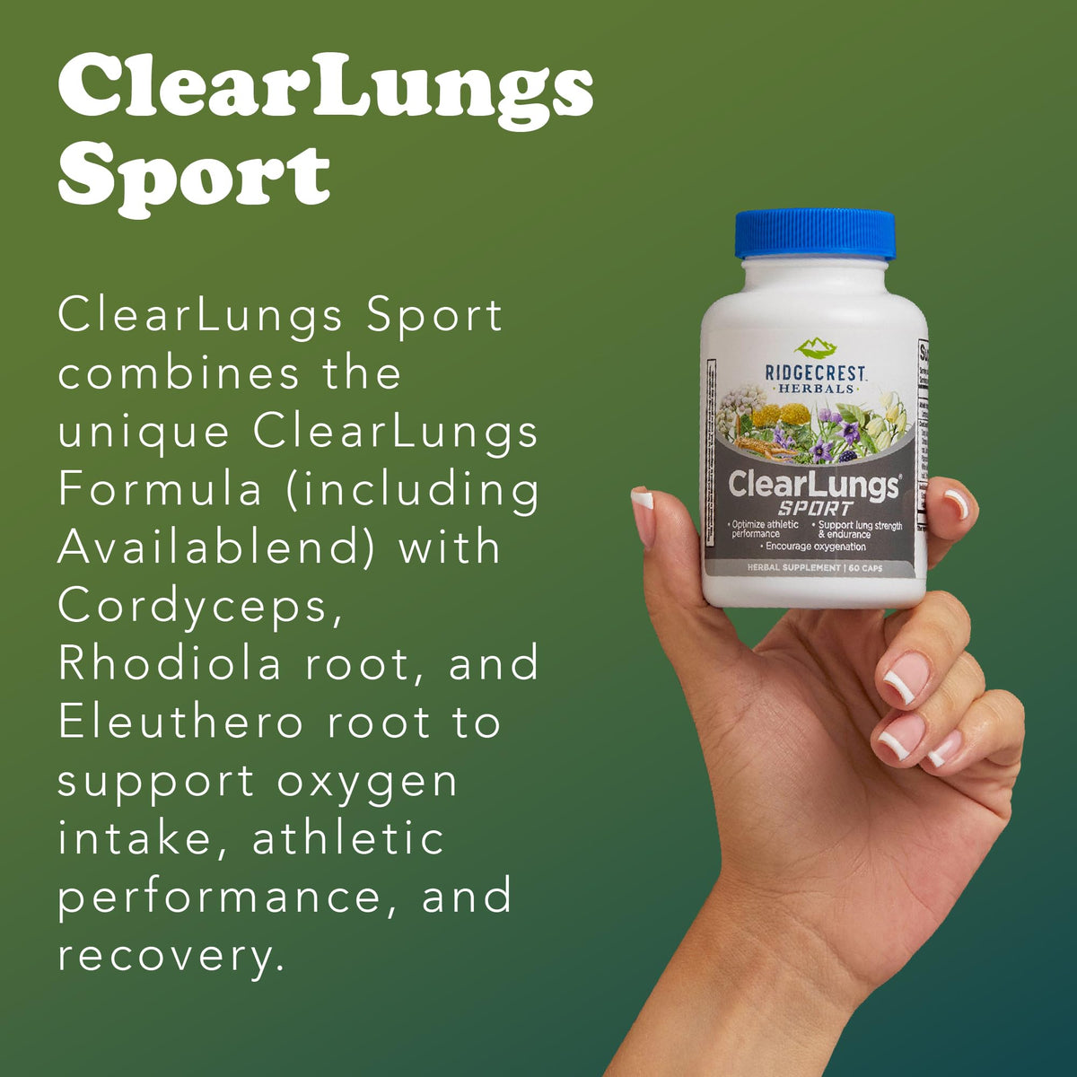 RidgeCrest Herbals ClearLungs Sport 60 Ct sur une table