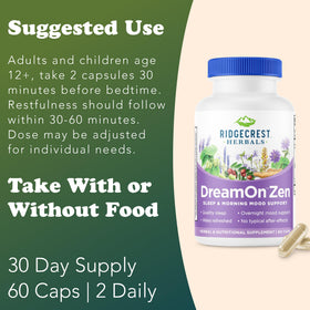 RidgeCrest Herbals DreamOn Zen flacon ouvert avec capsules
