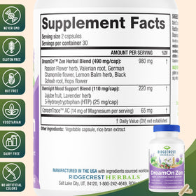 RidgeCrest Herbals DreamOn Zen ingrédients sur l'étiquette
