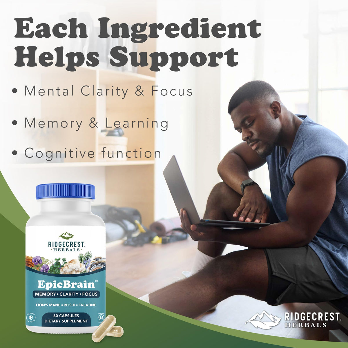 RidgeCrest Herbals EpicBrain 60 capsules arrière avec informations