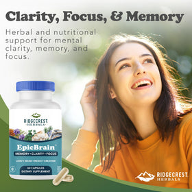 RidgeCrest Herbals EpicBrain 60 capsules avec un verre d'eau