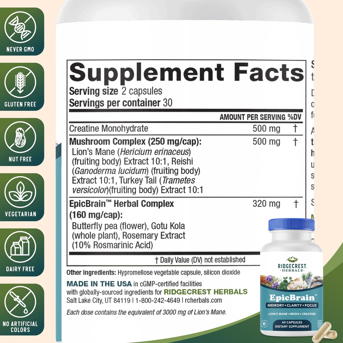 RidgeCrest Herbals EpicBrain 60 capsules côté droit