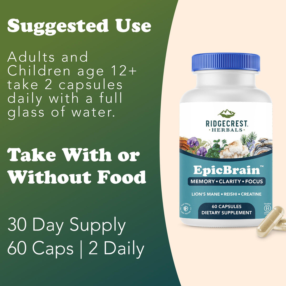 RidgeCrest Herbals EpicBrain 60 capsules sur une surface en bois