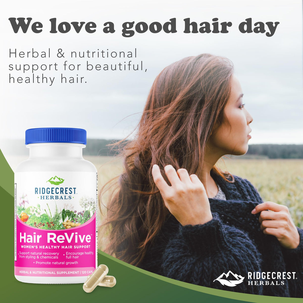 RidgeCrest Herbals Hair Revive capsules dans un bol