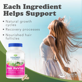 RidgeCrest Herbals Hair Revive capsules sur une surface blanche