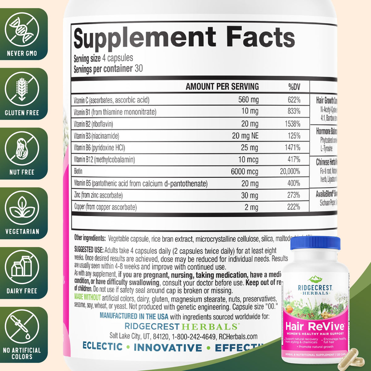 RidgeCrest Herbals Hair Revive étiquette détaillée