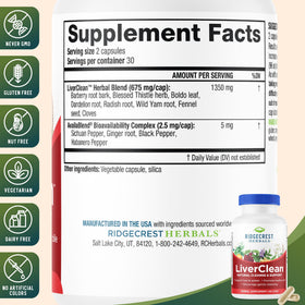 RidgeCrest Herbals LiverClean capsules sur fond blanc