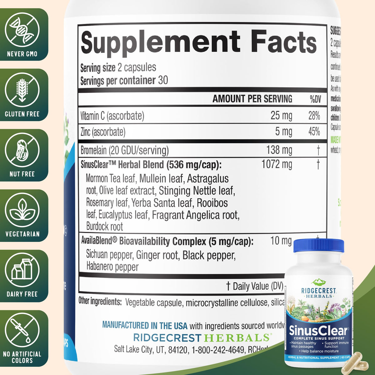 RidgeCrest Herbals SinusClear 60 capsules sur fond blanc