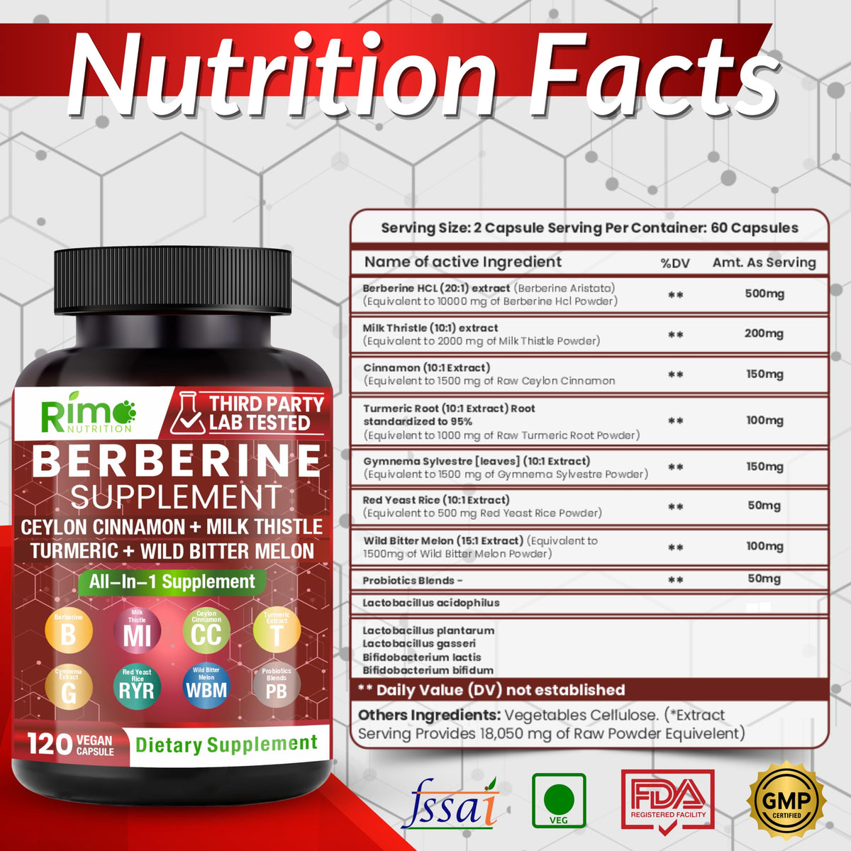 Rimo Nutrition Complément Alimentaire 8-en-1 Berbérine 120 Capsules emballage
