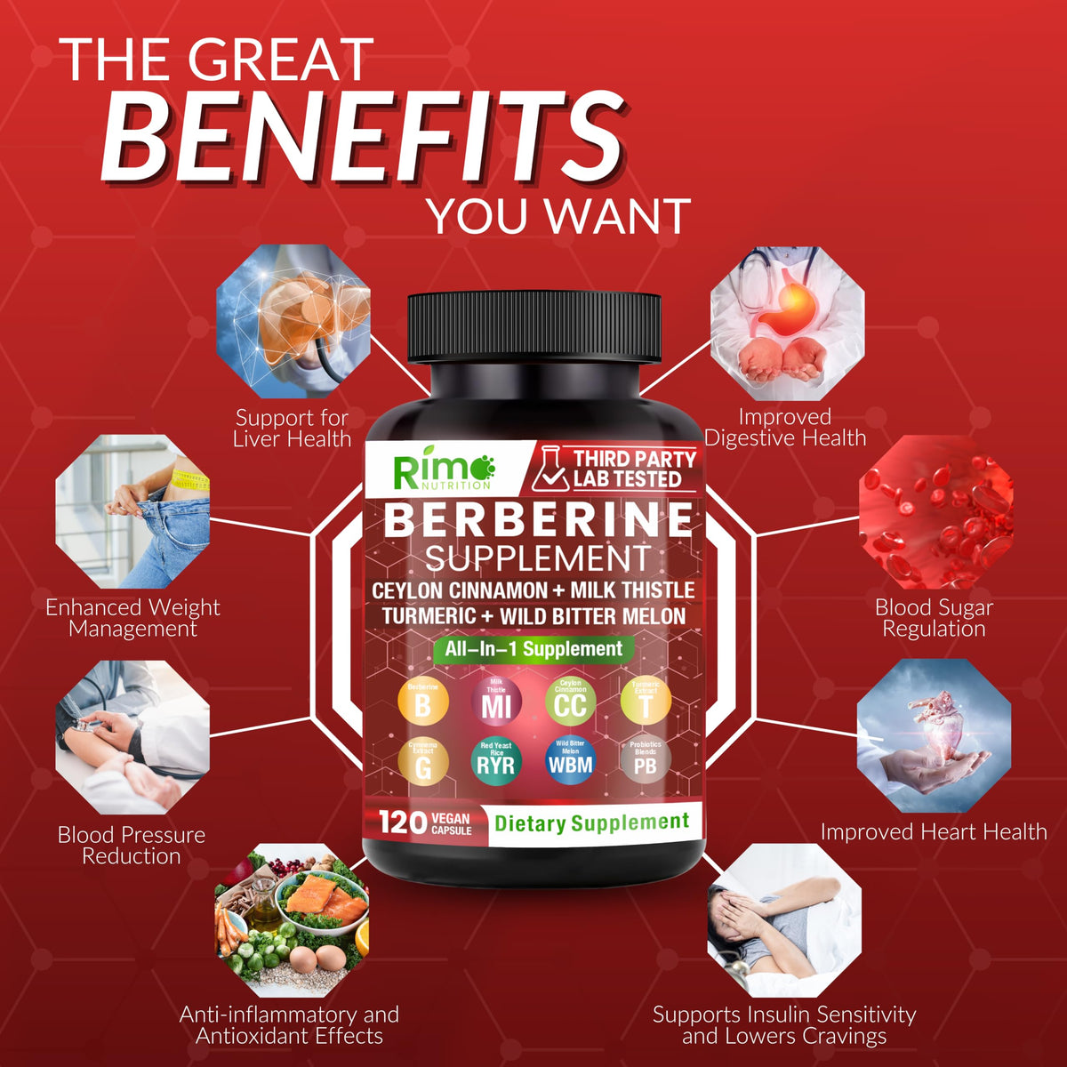 Rimo Nutrition Complément Alimentaire 8-en-1 Berbérine 120 Capsules vue de côté