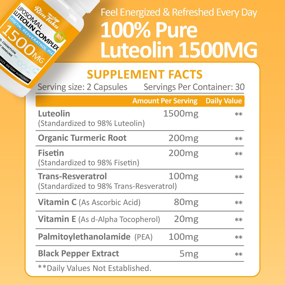 RimTuku lipo-lutéoline 1500MG avec ingrédients en arrière-plan