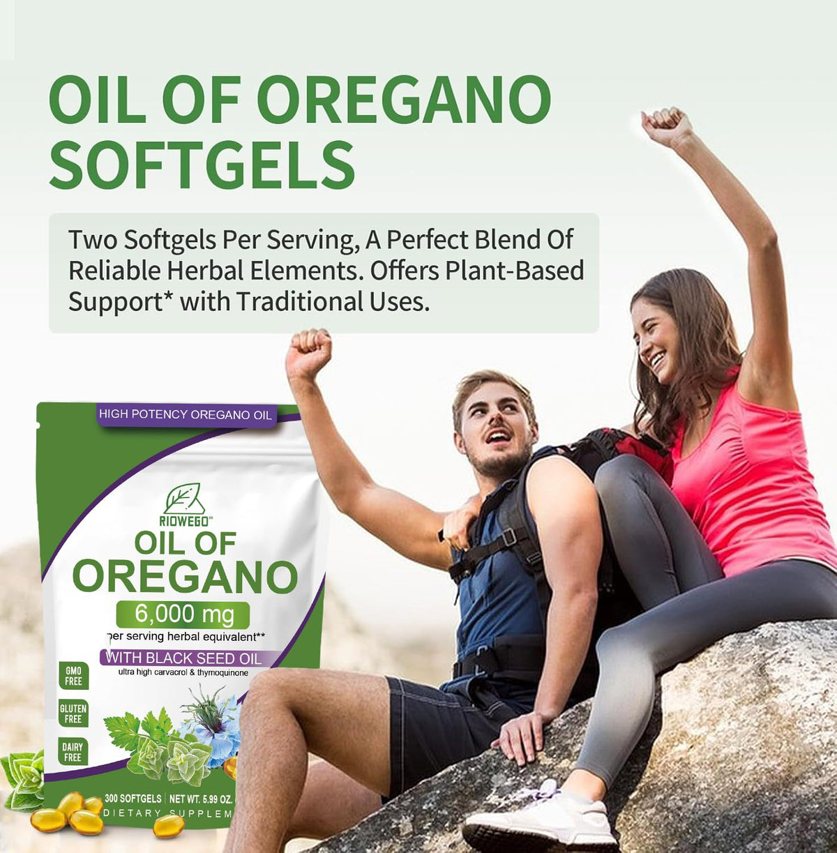 RIOWEGO Huile d'Origan 6000mg gélules avec bouteille ouverte