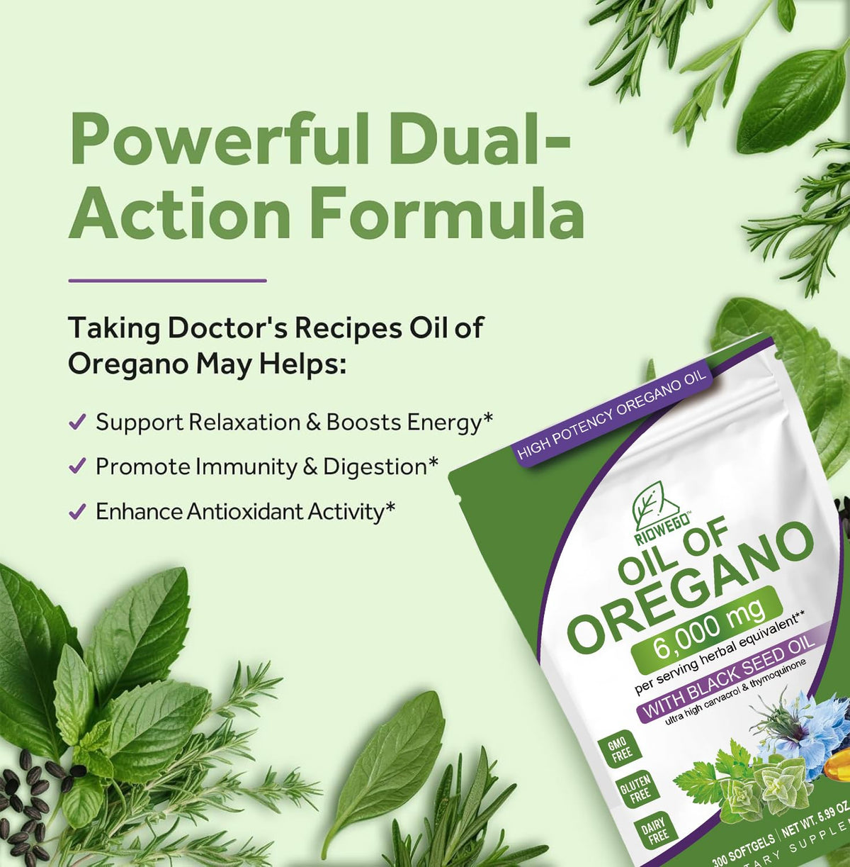 RIOWEGO Huile d'Origan 6000mg gélules sur une table