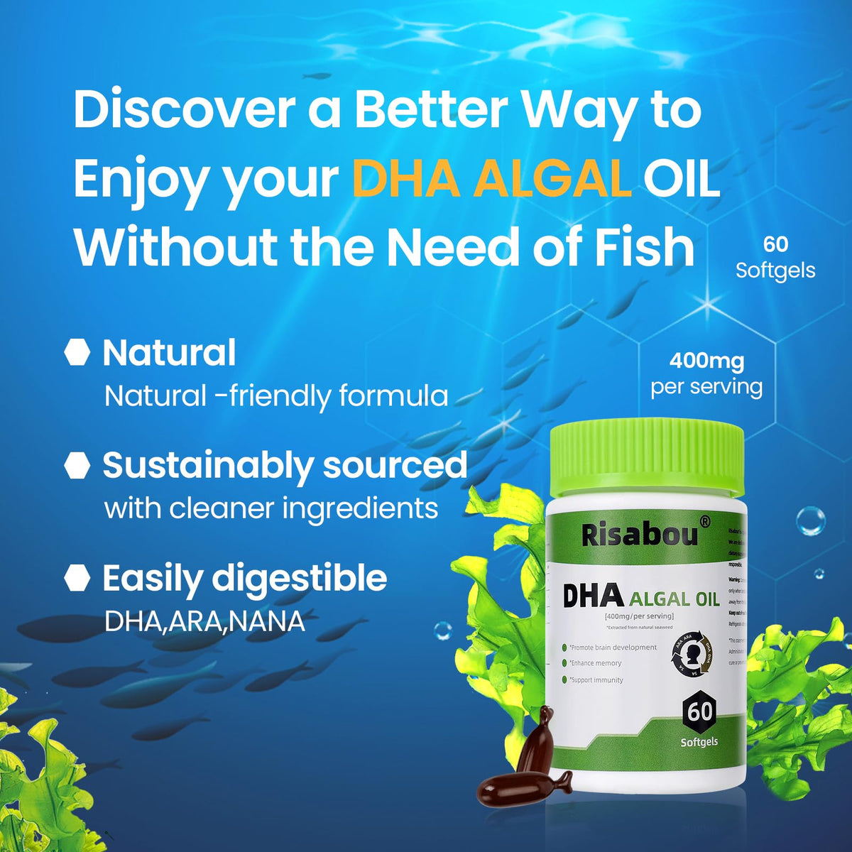 Risabou Huile d'Algue DHA 400 mg, emballage et gélules