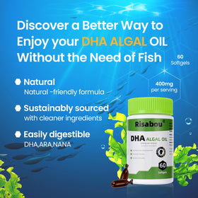 Risabou Huile d'Algue DHA 400 mg, emballage et gélules