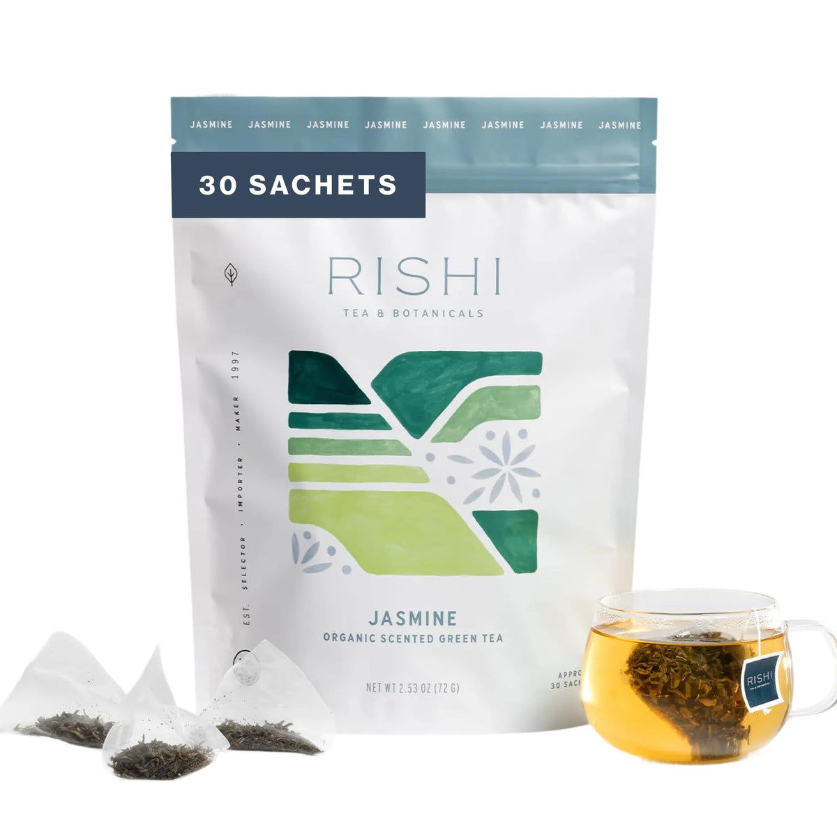 Rishi Tea sachets de thé vert bio au jasmin, emballage avant