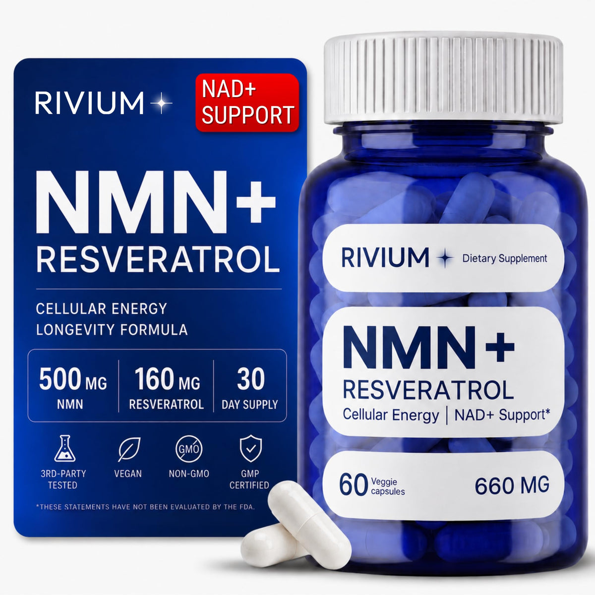 Rivium NMN & Resvératrol 60 capsules véganes - vue de face