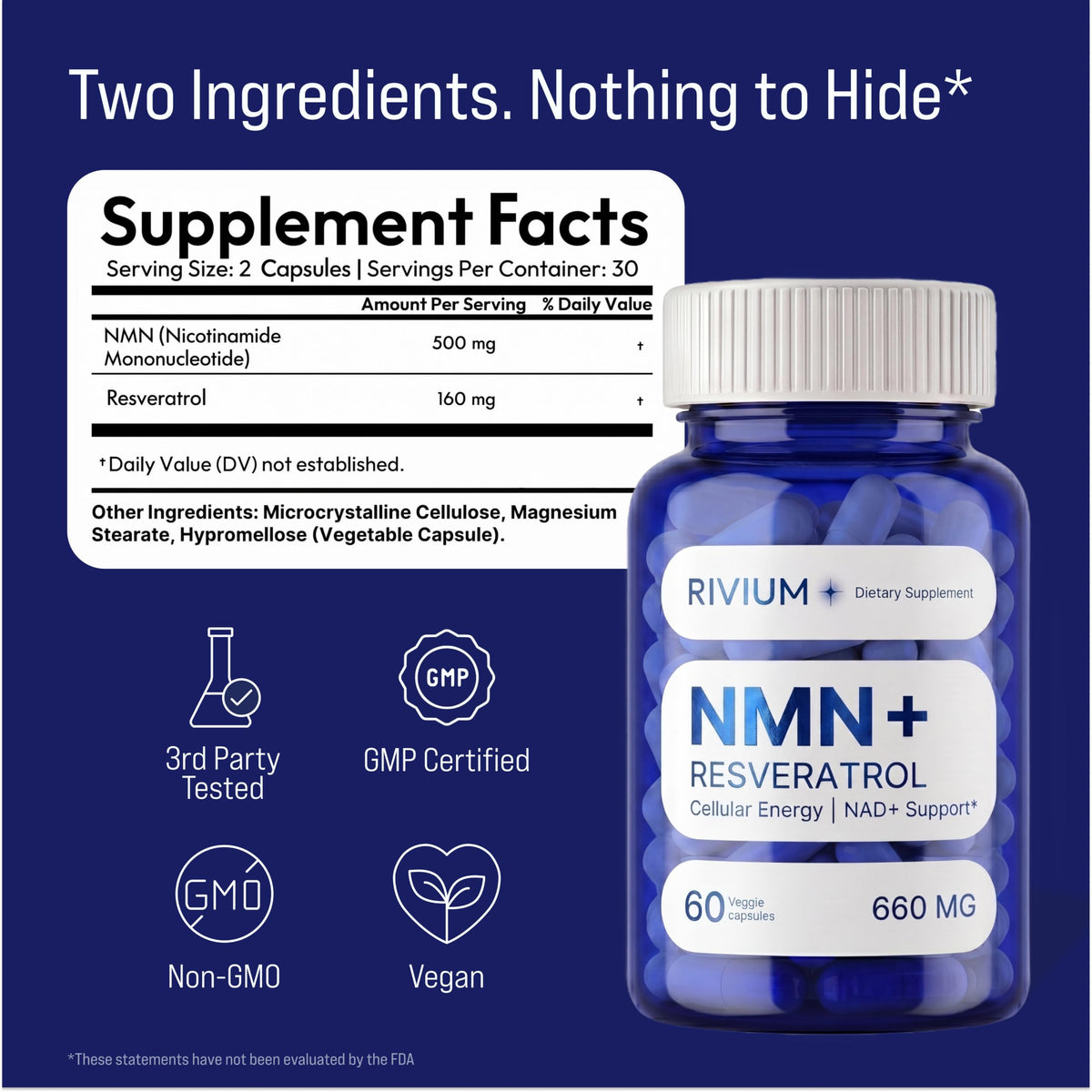 Rivium NMN & Resvératrol capsules avec étiquette et dosage