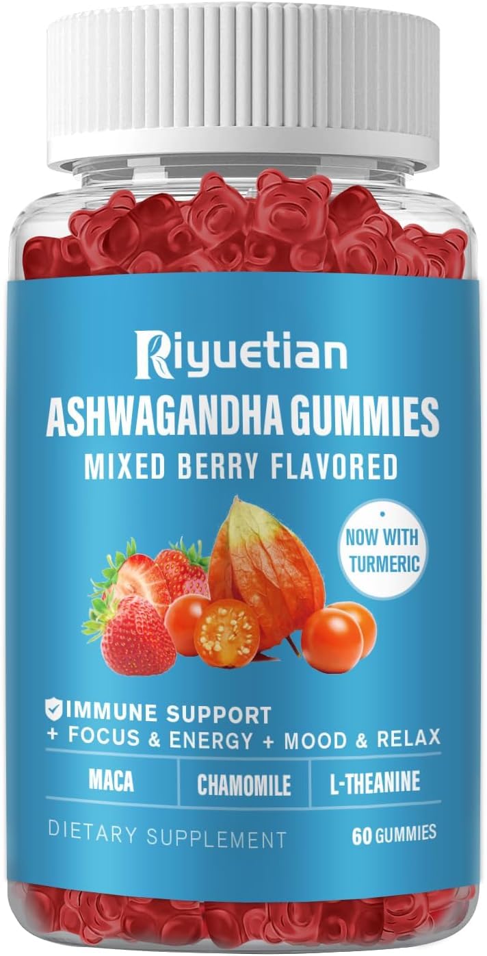Riyuetian Gummies Ashwagandha Bio sur une surface en bois