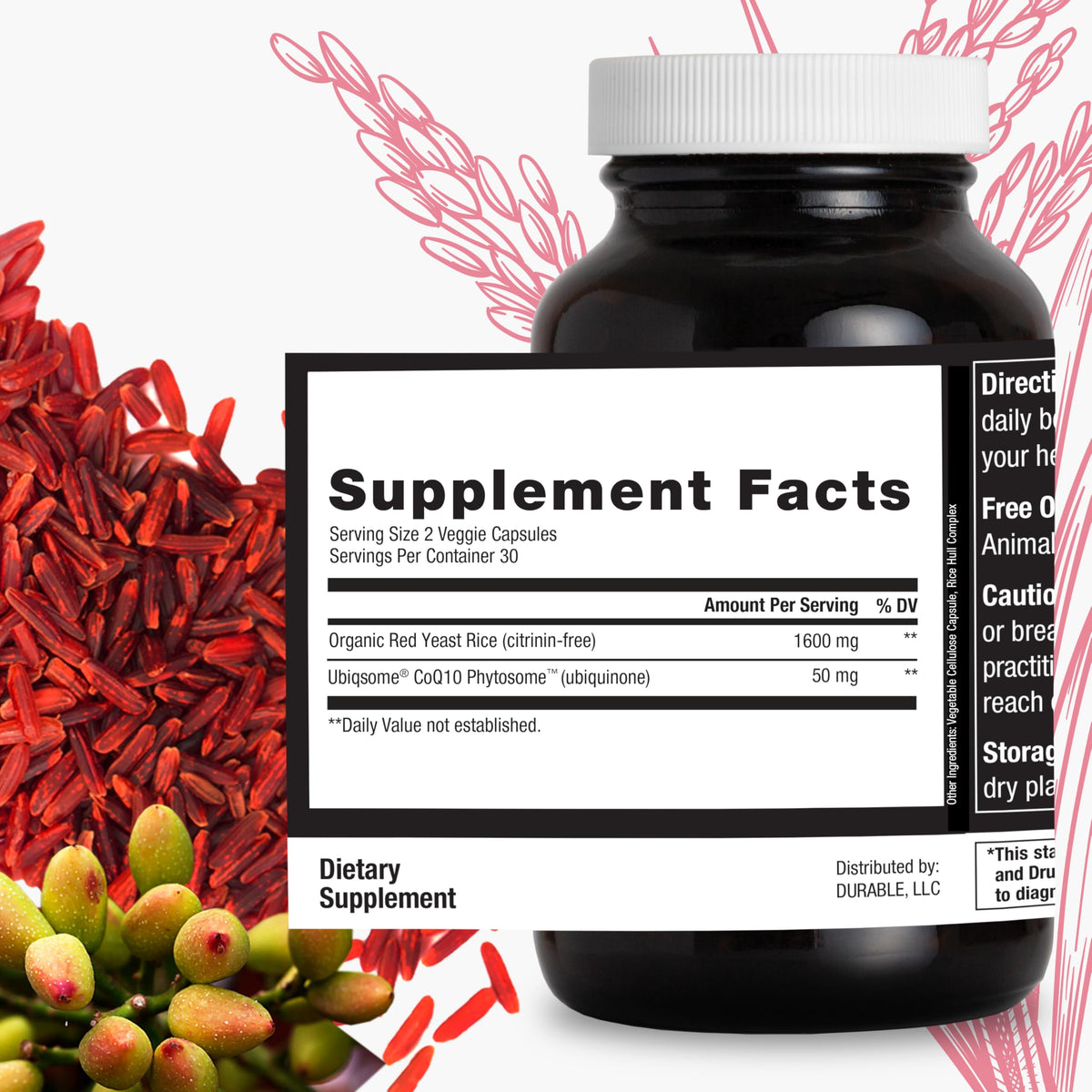 Riz de Levure Rouge Durable 1 600 mg sur fond blanc