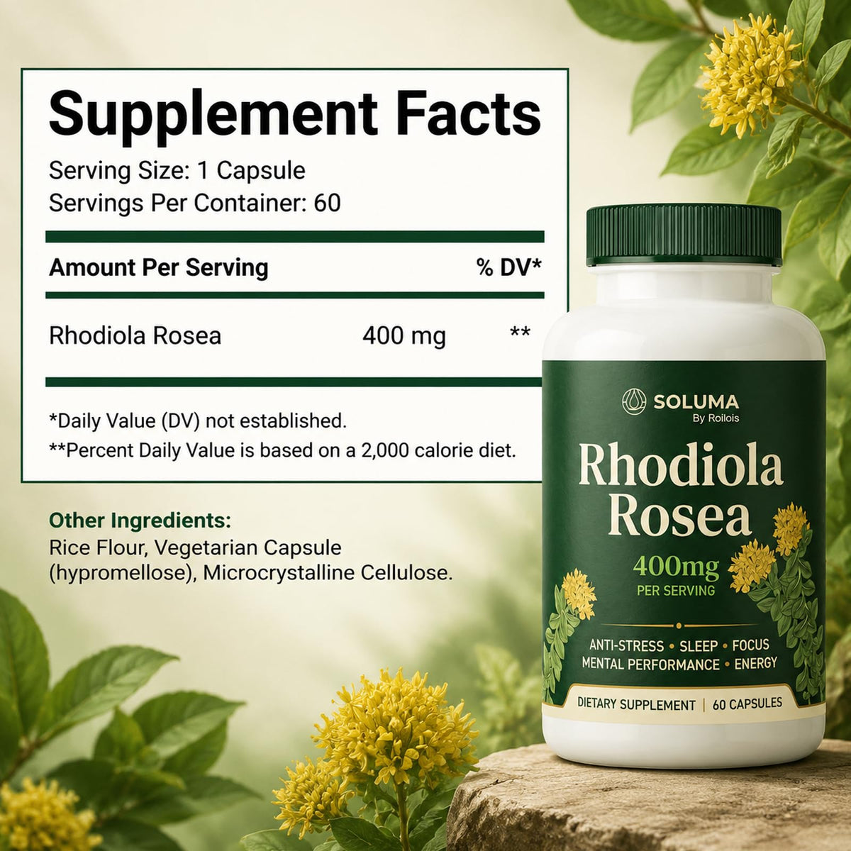 Roilois Rhodiola Rosea 68g posé sur une table