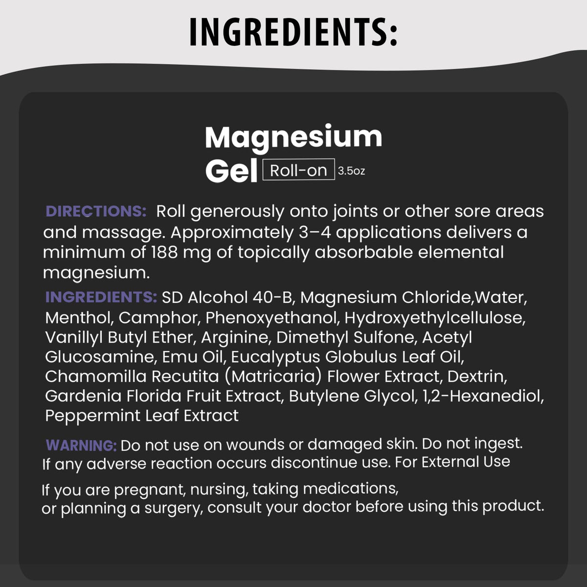 Roll-On Magnésium 3oz avec étiquette des ingrédients