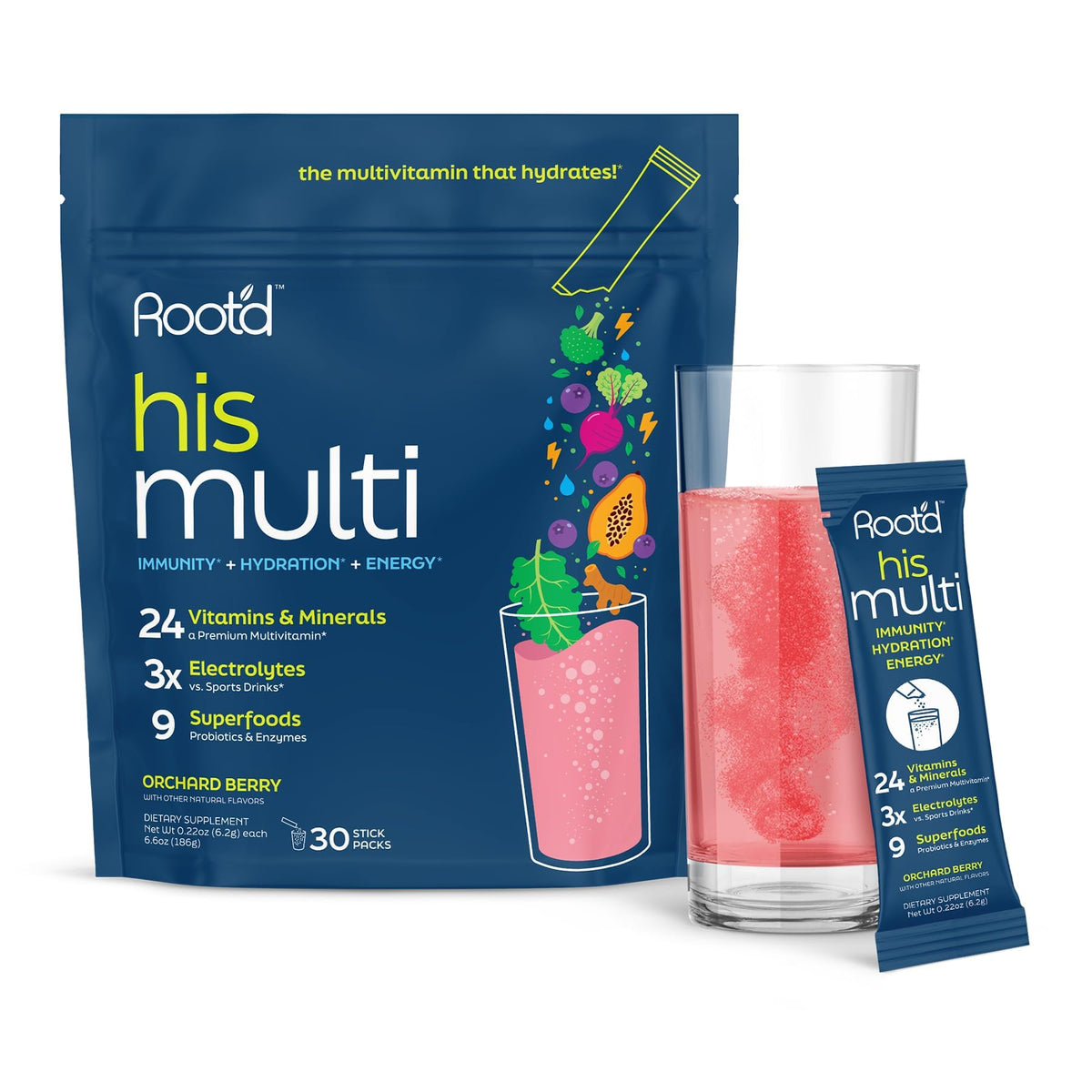 Root'd Poudre Multivitaminée pour Hommes paquet contenant 30 sachets