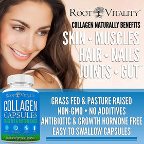 Root Vitality Collagène Peptides capsules avec étiquette visible