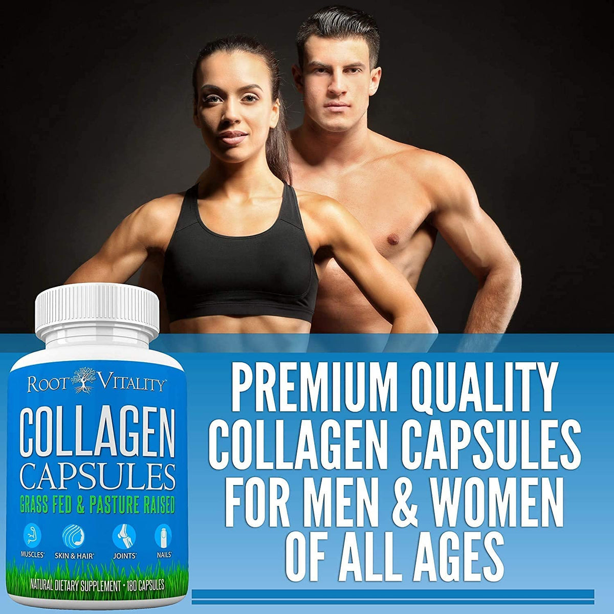 Root Vitality Collagène Peptides capsules sur fond blanc