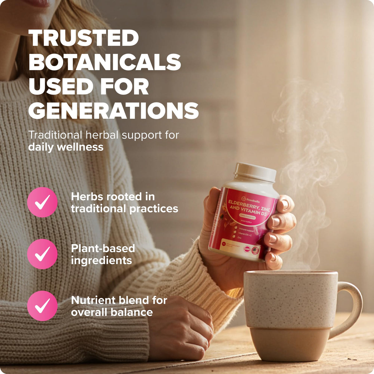 Rosabella Baies de Sureau, Zinc & Vitamine D3 capsules dans leur emballage