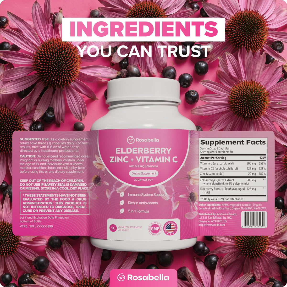 Rosabella Baies de Sureau, Zinc & Vitamine D3 capsules, mise en scène avec des baies de sureau
