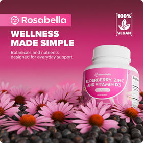Rosabella Baies de Sureau, Zinc & Vitamine D3 capsules sur une table en bois