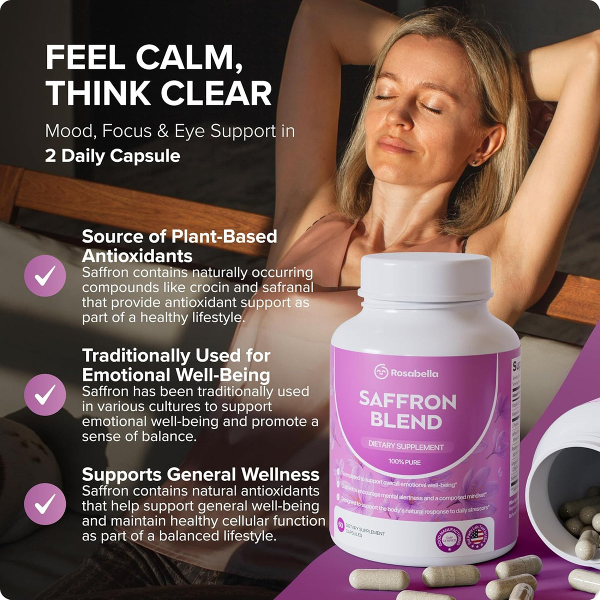 Rosabella capsules de safran avec étiquette et dosage