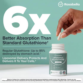 Rosabella Glutathione Liposomal 500mg gélules à côté d'un verre d'eau