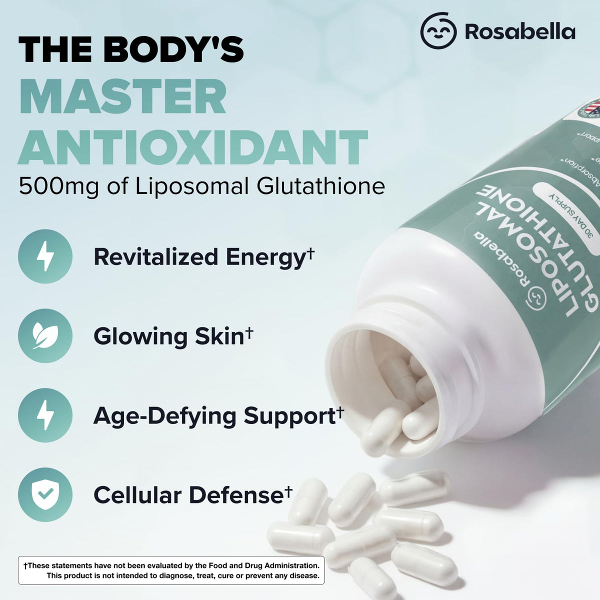 Rosabella Glutathione Liposomal 500mg gélules sur une surface blanche