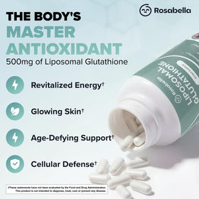 Rosabella Glutathione Liposomal 500mg gélules sur une surface blanche