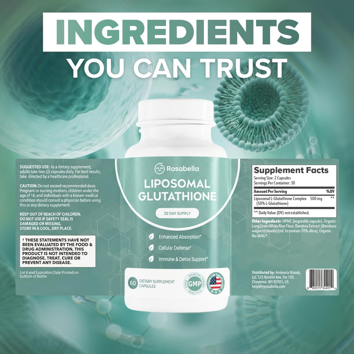 Rosabella Glutathione Liposomal 500mg produit avec le logo Rosabella