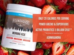 ROUNDHOUSE PROVISION Morning Kick Greens lifestyle scene with a healthy breakfast