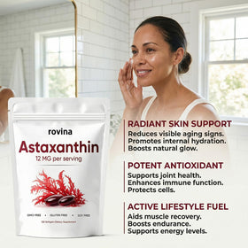 ROVINA Astaxanthin 12mg gélules douces à côté de fruits frais