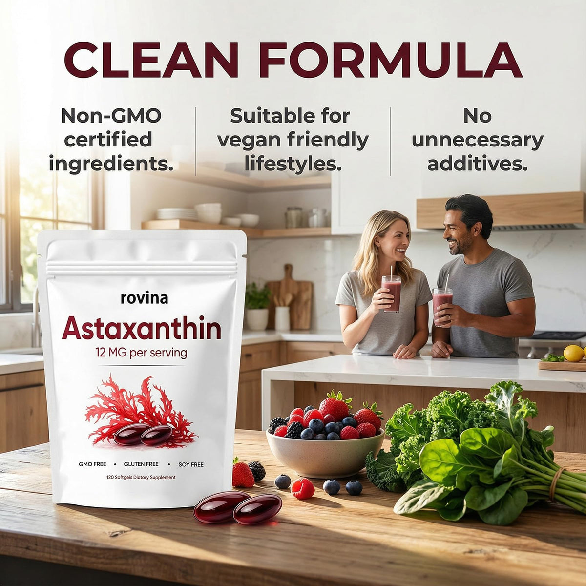 ROVINA Astaxanthin 12mg gélules douces ouvertes montrant la gélule