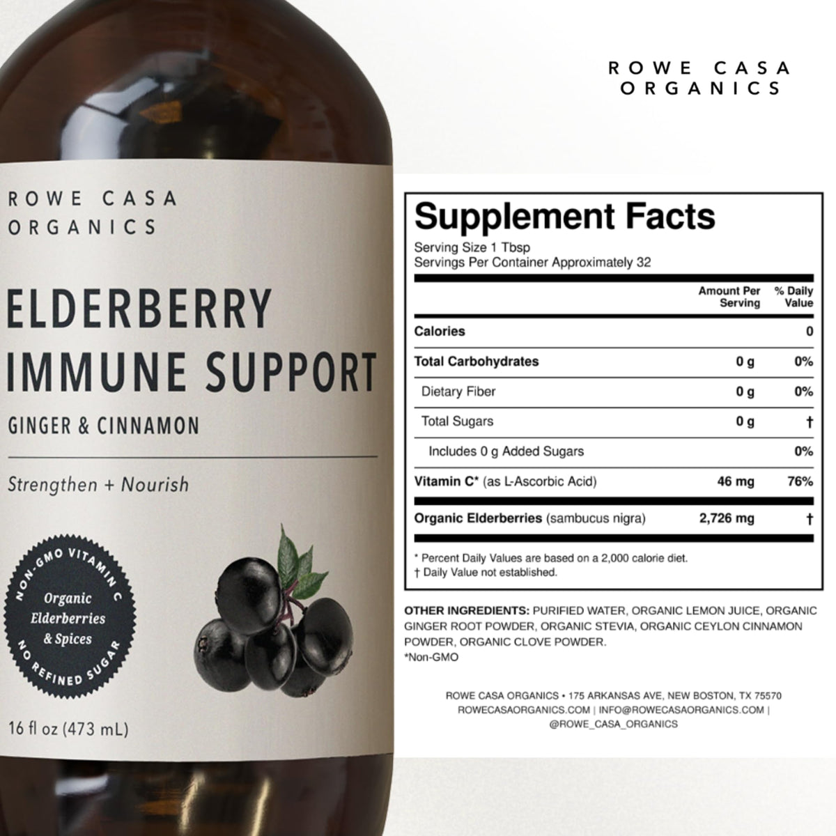 Rowe Casa Organics Sirop de Sureau Bio 473 mL avec étiquette