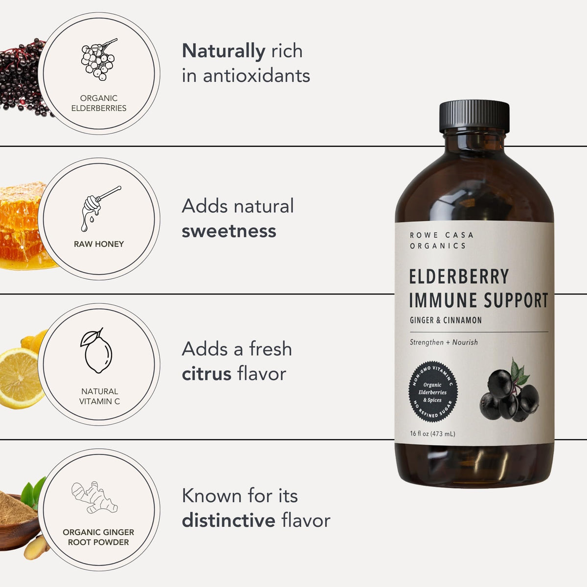Rowe Casa Organics Sirop de Sureau Bio 473 mL en verre transparent