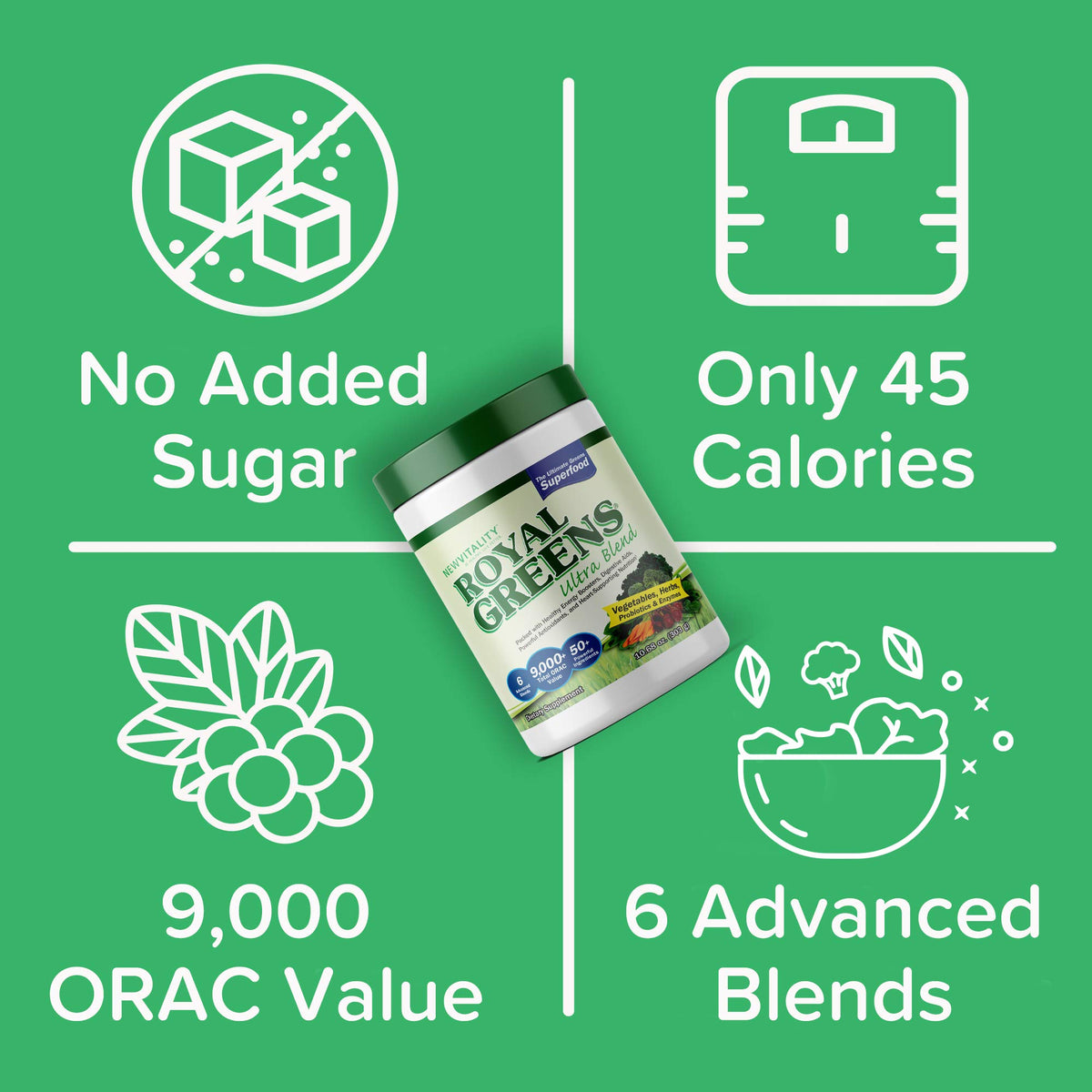 Royal Greens de New Vitality, poudre dans un verre d'eau