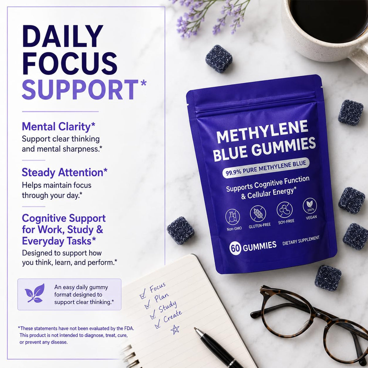RQB Gummies Bleu de Méthylène 60 Comprimés sur une table