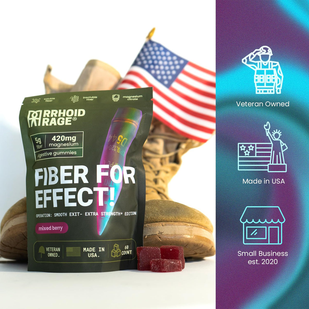 Rrhoid Rage Gummies de Fibre 60 Gummies Saveur Baies Mélangées avec d'autres compléments