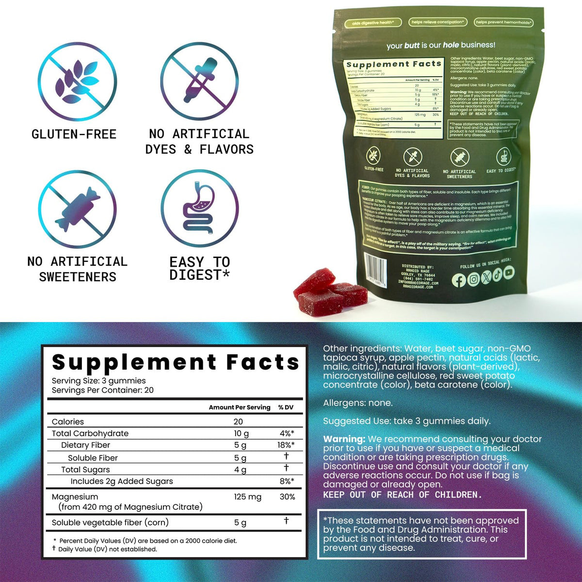 Rrhoid Rage Gummies de Fibre 60 Gummies Saveur Baies Mélangées sur fond neutre