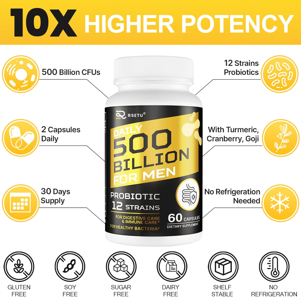 RSETU Probiotiques pour Hommes 500 Milliards CFU 240 Capsules en gros plan
