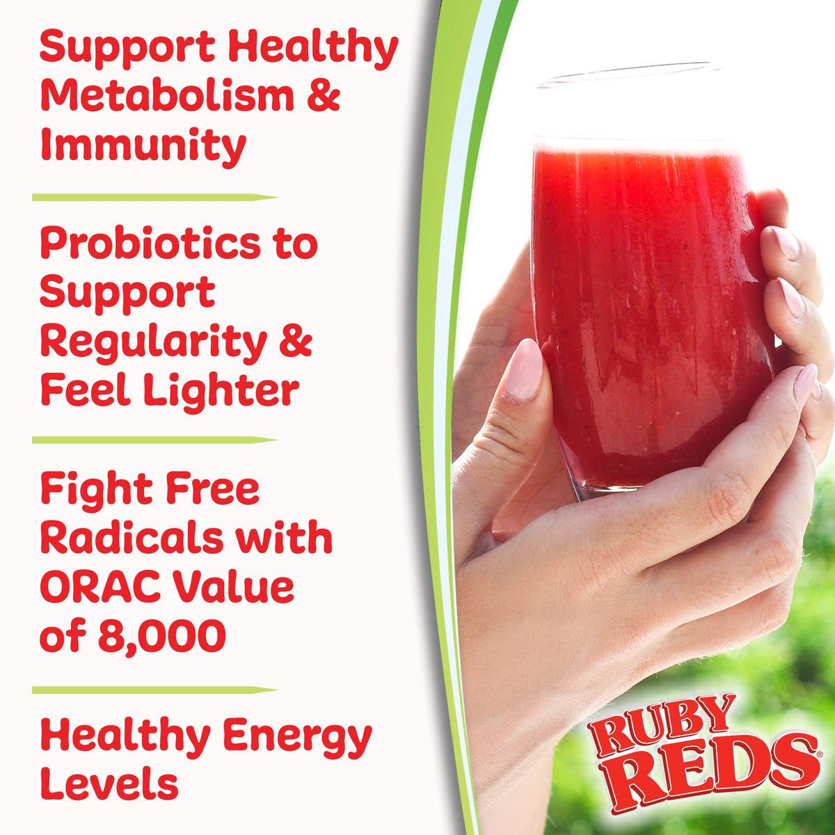 Ruby Reds Poudre sur une table avec des fruits