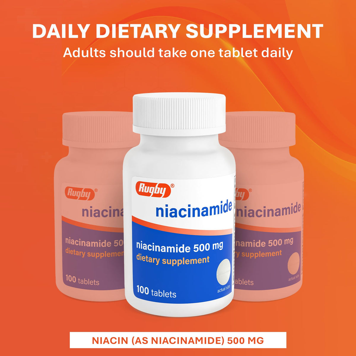 RUGBY LABORATORIES Niacinamide 500 mg comprimés sur une surface en bois