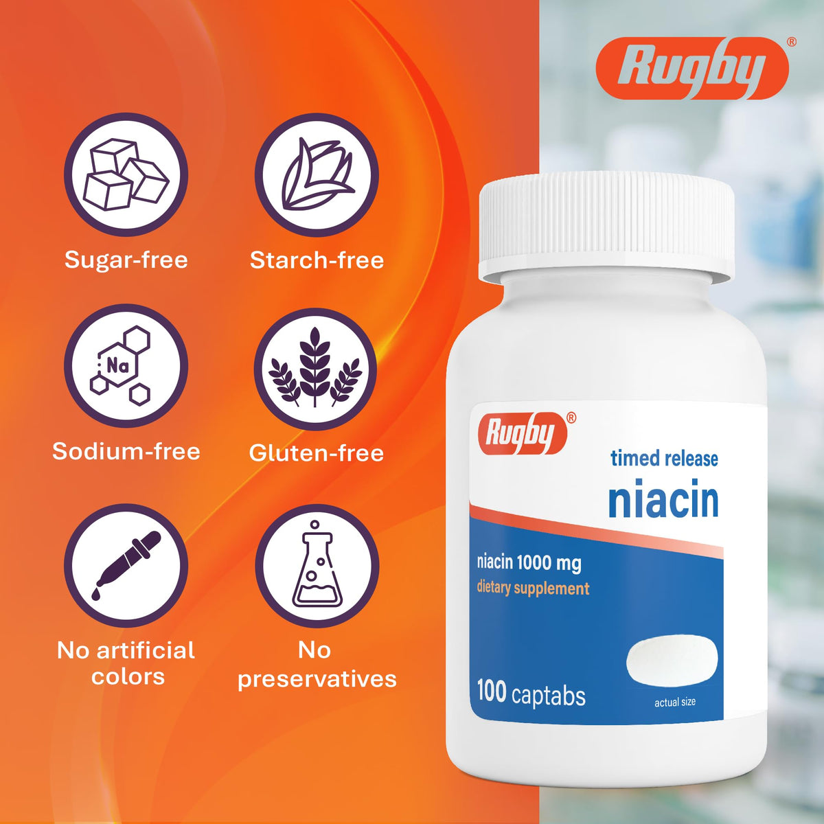 RUGBY LABORATORIES Niacine 1000mg Captabs avec des aliments